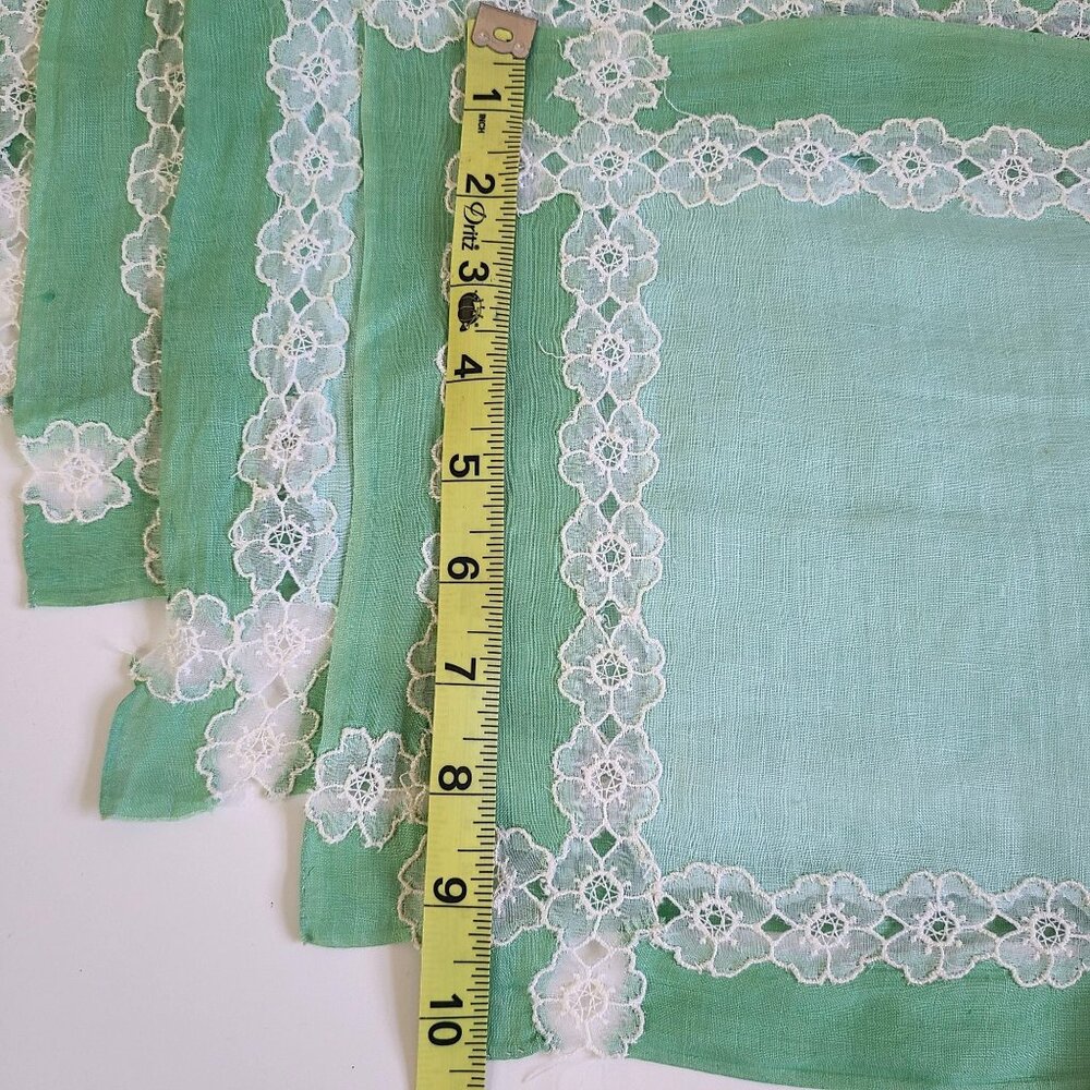 Vintage Green Linen Napkins Doilies White Floral Lace Embroidery Set Of 6 - Picture 10 of 10